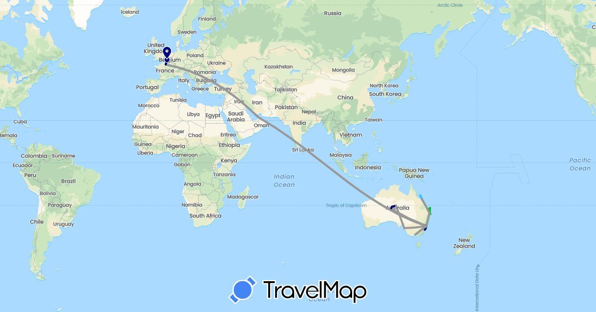TravelMap itinerary: driving, bus, plane, train, boat in United Arab Emirates, Australia, France (Asia, Europe, Oceania)